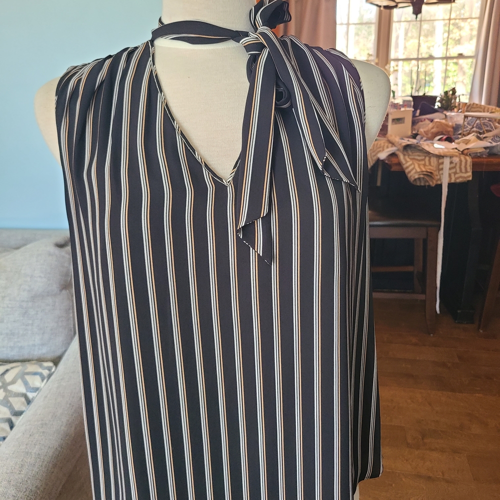 White House Black Market Black and White Striped Sleeveless Blouse